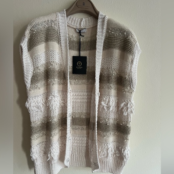 Peserico Sweaters - NWT $659 Peserico Striped Cardigan Vest Cream Tan Gold Sequin Italy Size 48 US12